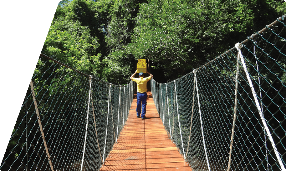 Foto de funcionário dos Correios de costas. Ele caminha sobre uma ponte suspensa segurando três caixas empilhadas sobre sua cabeça. O homem usa boné azul e veste o uniforme dos Correios, composto por camiseta amarela, calça azul e sapato preto.